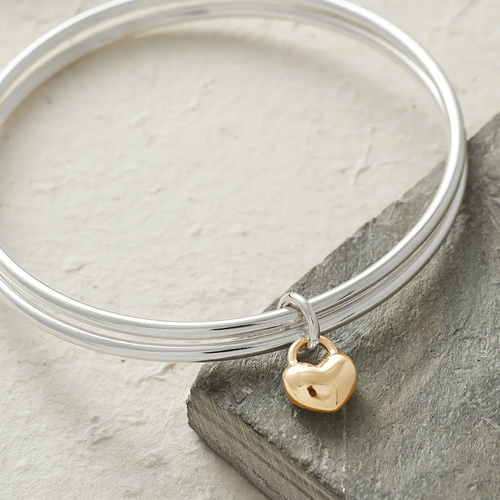 One Love Silver & Solid Rose Gold Heart Double Bangle