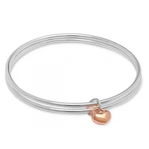 One Love Silver & Solid Rose Gold Heart Double Bangle