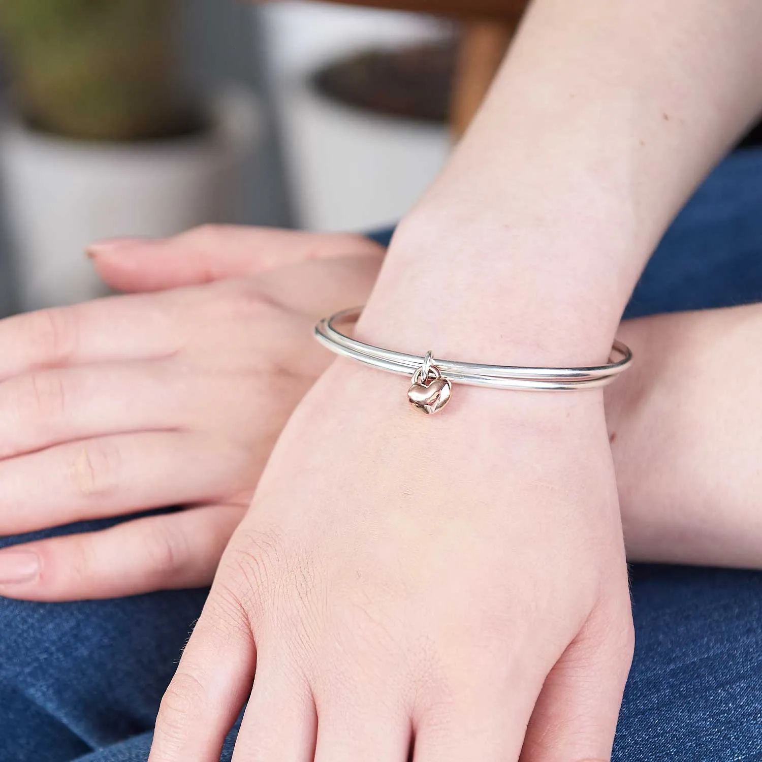 One Love Silver & Solid Rose Gold Heart Double Bangle