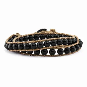 Onyx Beads Leather Cord Multi Wrap Bracelet