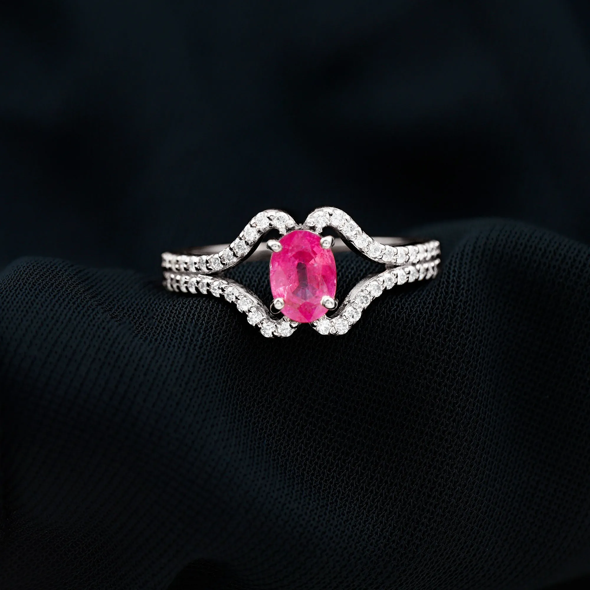 Oval Cut Pink Sapphire and Diamond Ring with Split Shank