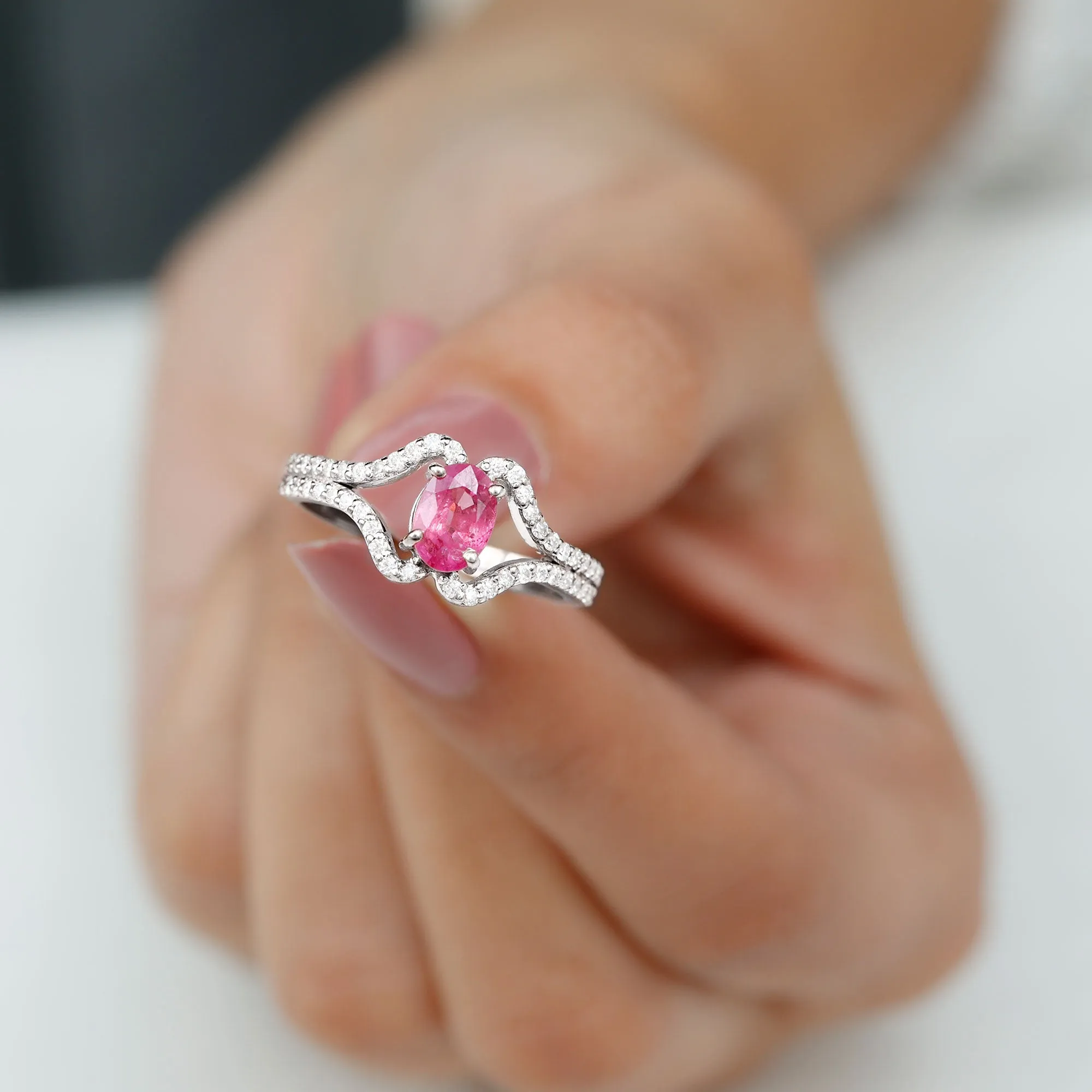 Oval Cut Pink Sapphire and Diamond Ring with Split Shank