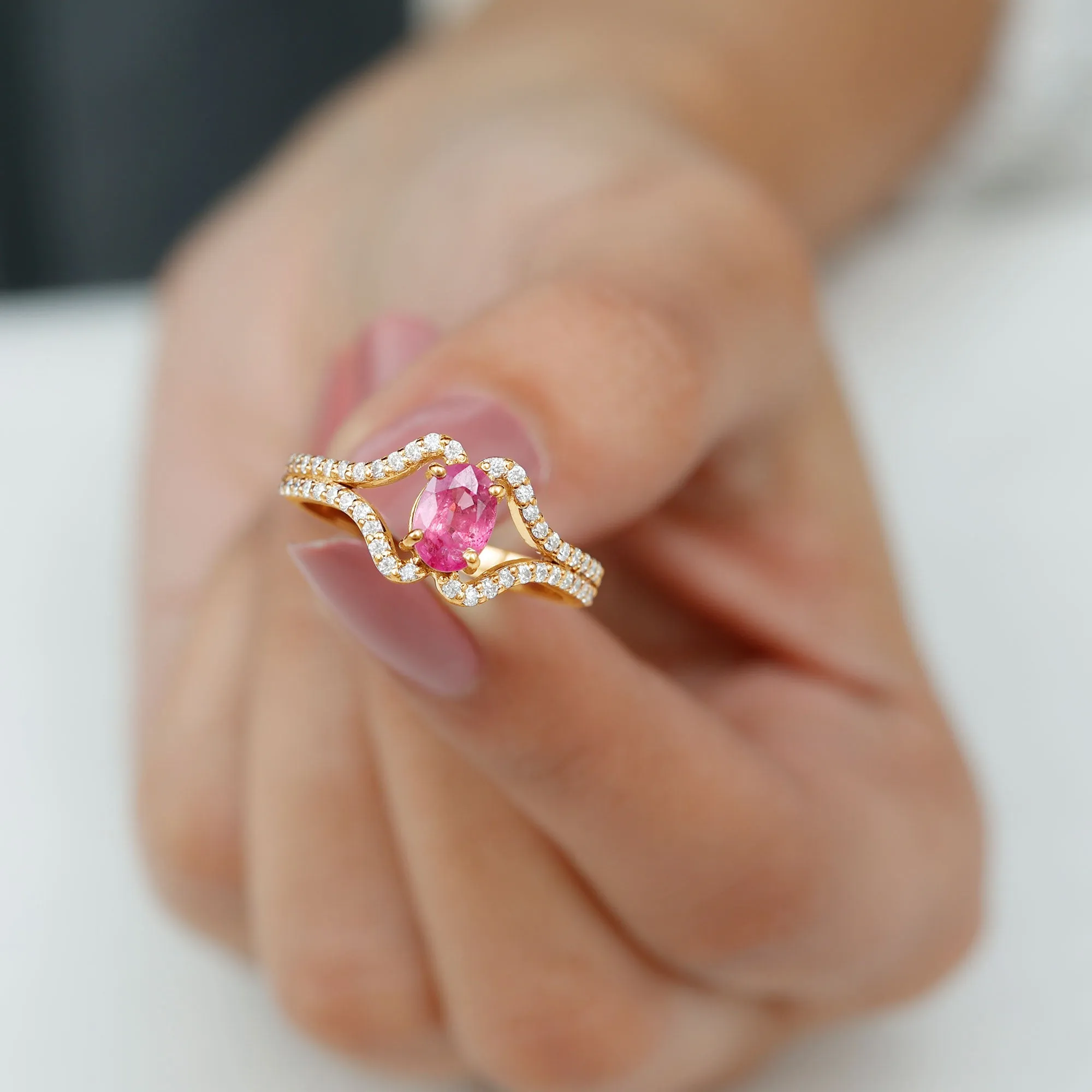 Oval Cut Pink Sapphire and Diamond Ring with Split Shank