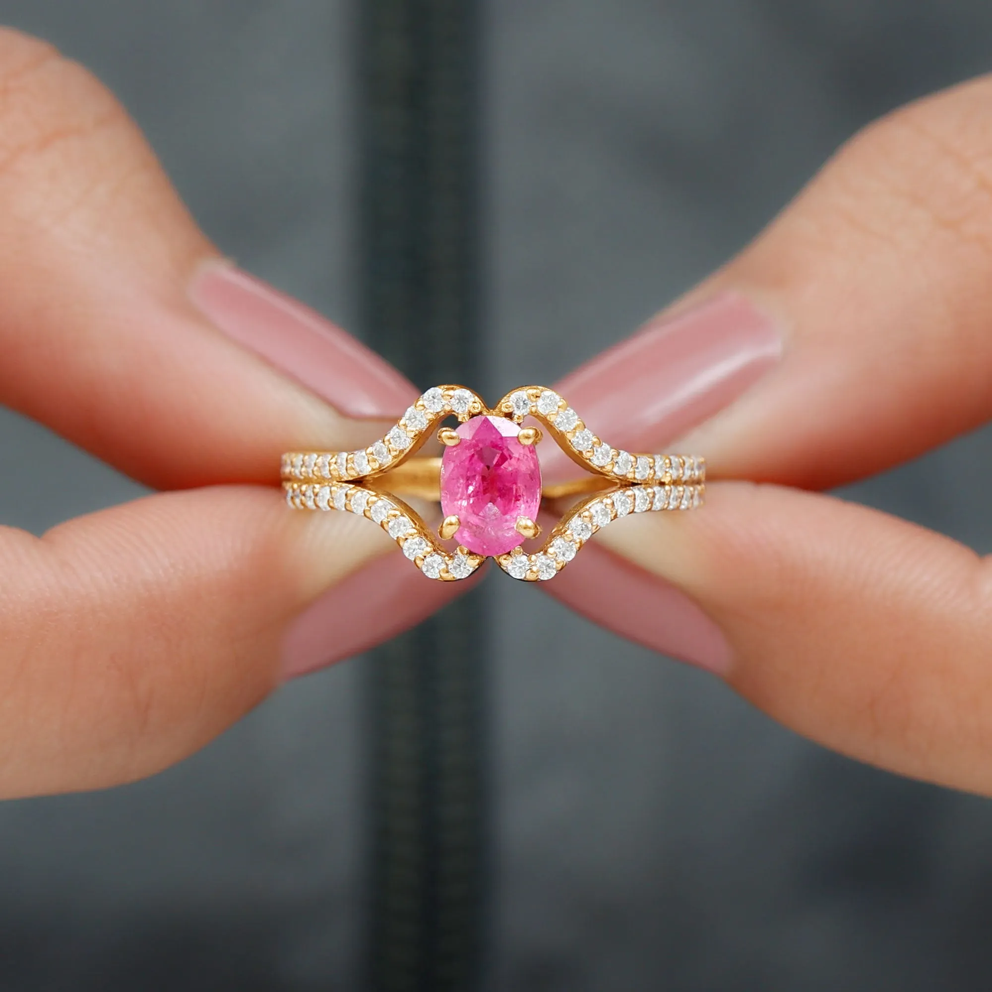 Oval Cut Pink Sapphire and Diamond Ring with Split Shank