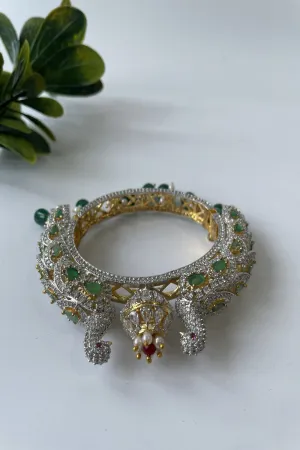 Peacock Motif Zircon Bangle With Green Stones