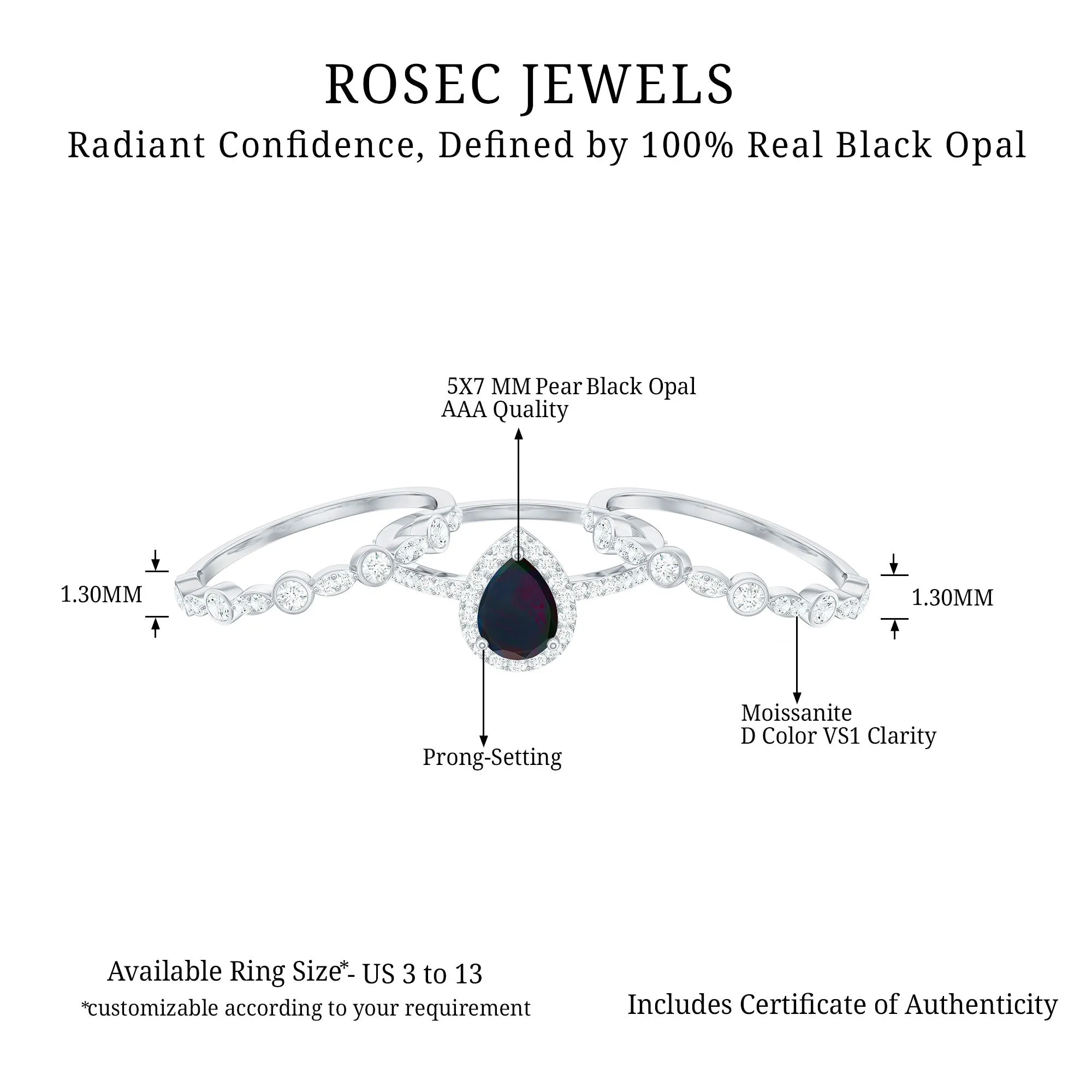 Pear Cut Black Opal Bridal Trio Ring Set with Moissanite Band