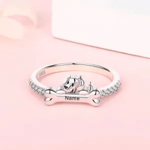 Personalized 925 Sterling Silver Custom Name Dog Bone Ring Gorgeous Zircon Engraved with Initial Date Coordinate Name Jewelry