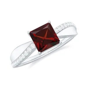 Princess Cut Garnet Solitaire Engagement Ring with Diamond