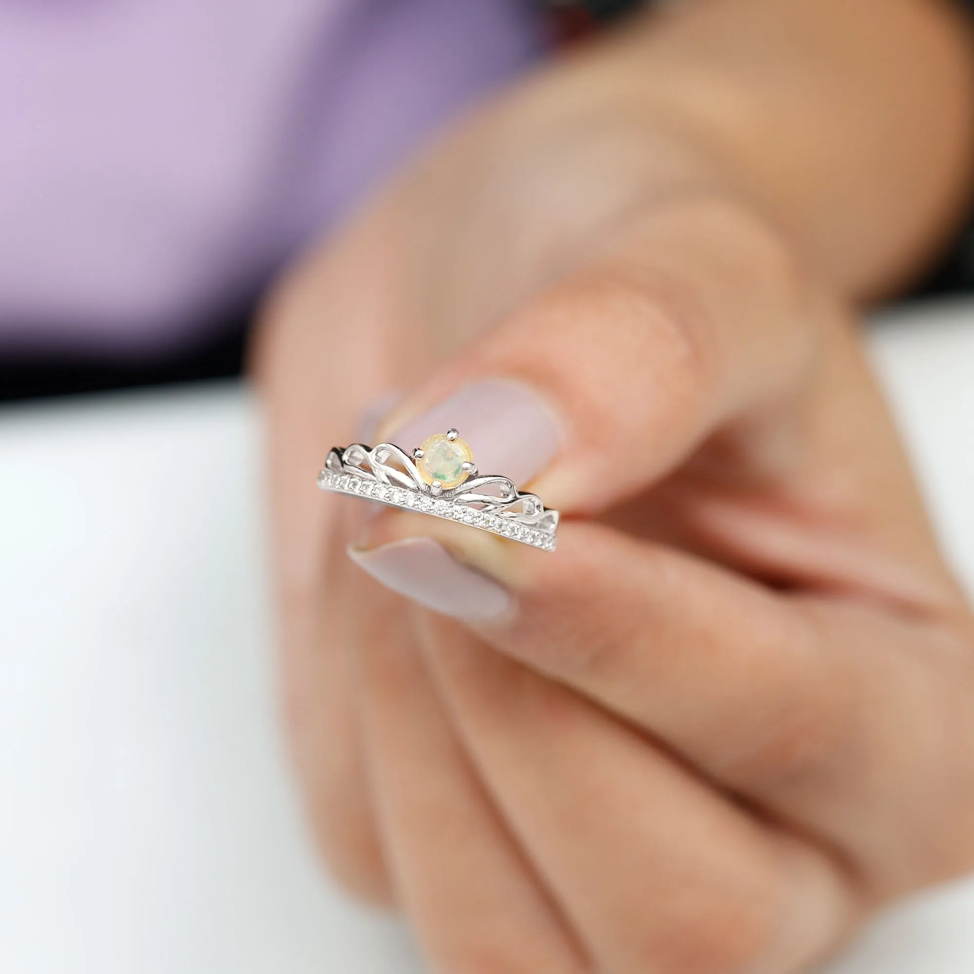 Real Ethiopian Opal and Diamond Crown Band Ring