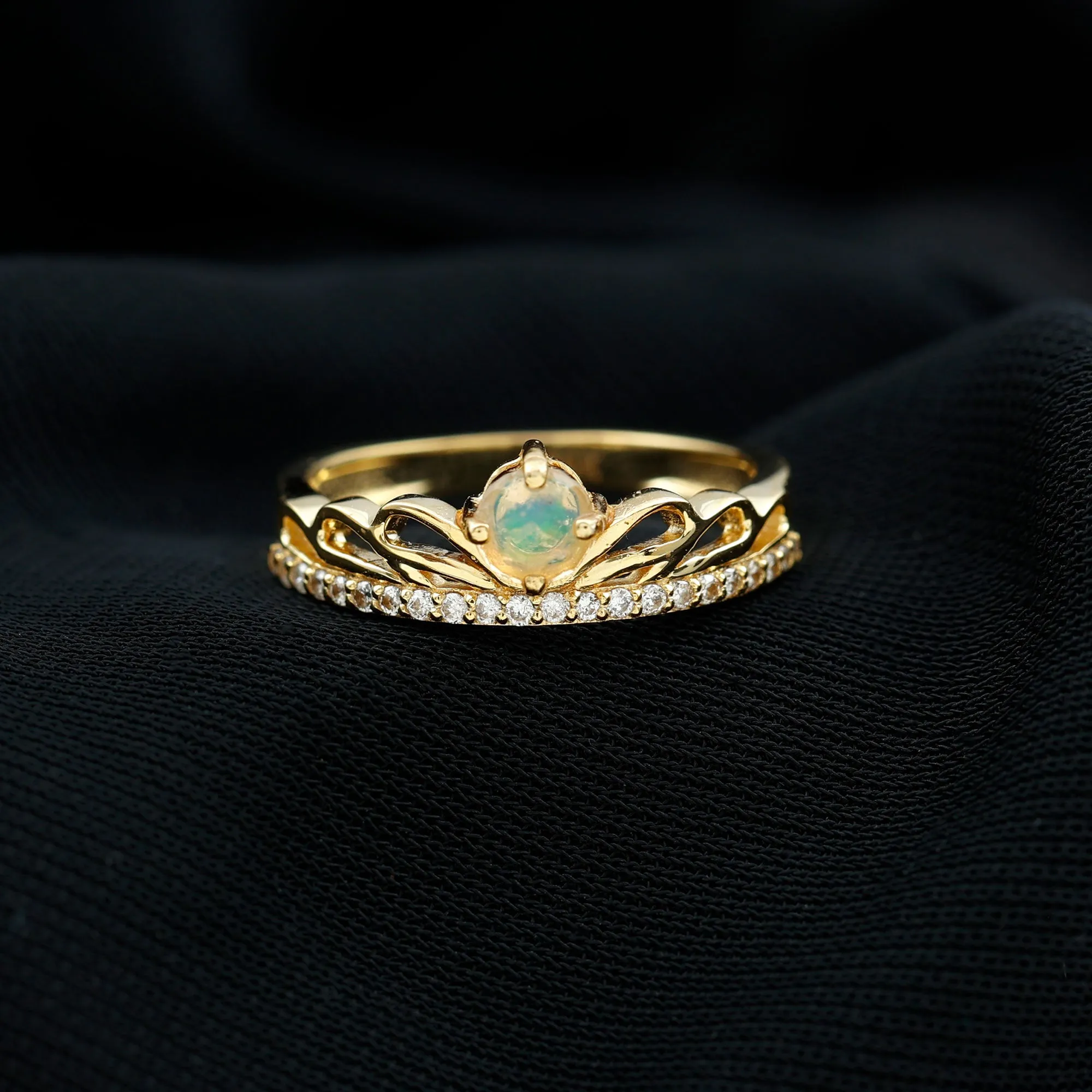 Real Ethiopian Opal and Diamond Crown Band Ring