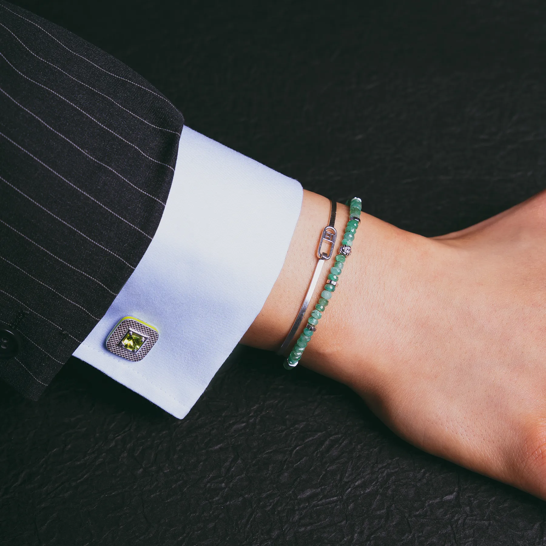 Refratto Cufflinks With Green & Rhodium Plated Silver