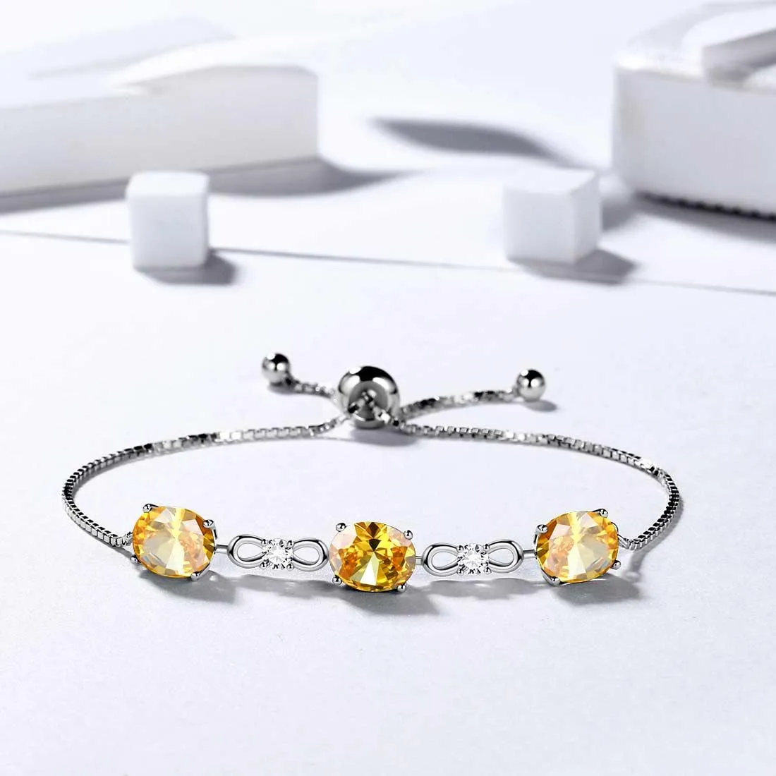 Round Birthstone November Citrine Bracelet Women Girls Jewelry Birthday Gift Sterling Silver