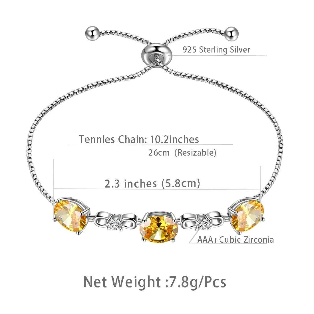 Round Birthstone November Citrine Bracelet Women Girls Jewelry Birthday Gift Sterling Silver