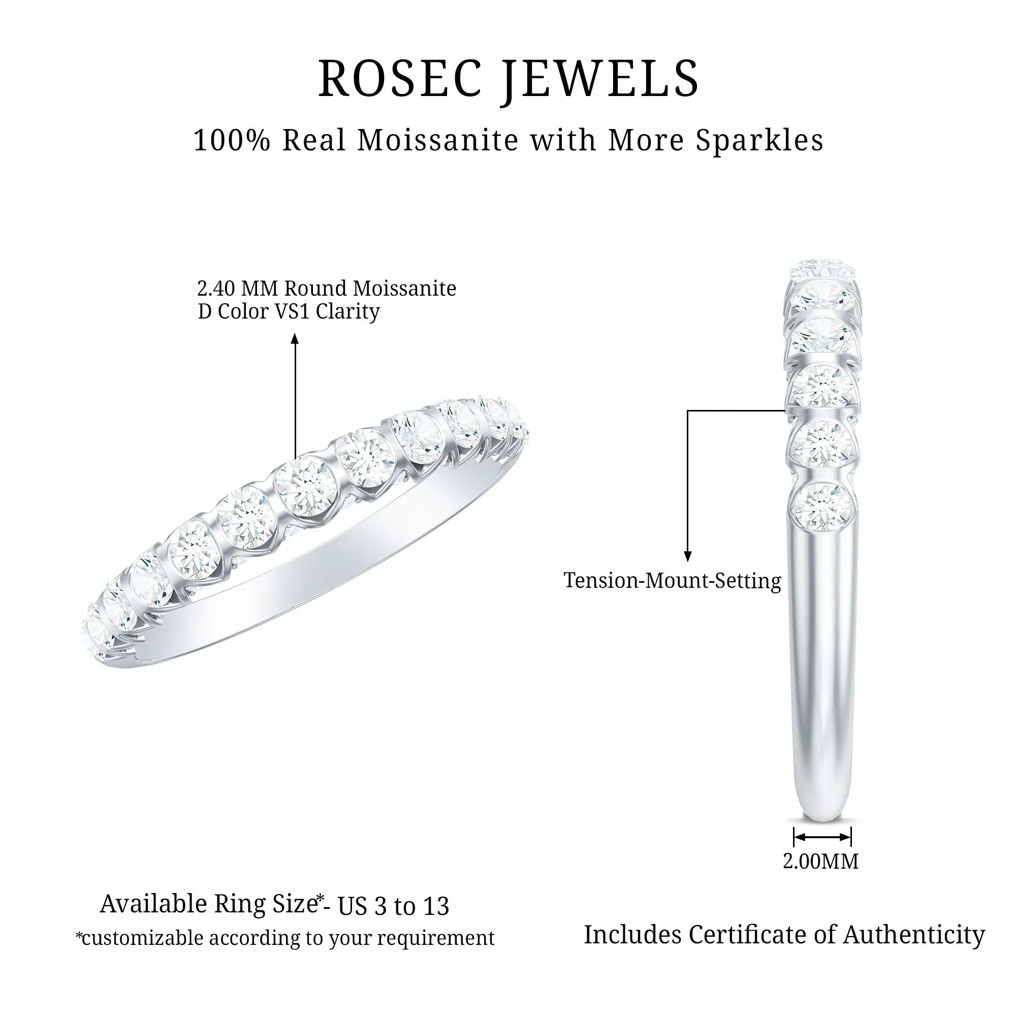 Round Certified Moissanite Half Eternity Ring