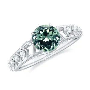 Round Created Green Sapphire Solitaire Art Deco Ring with Diamond