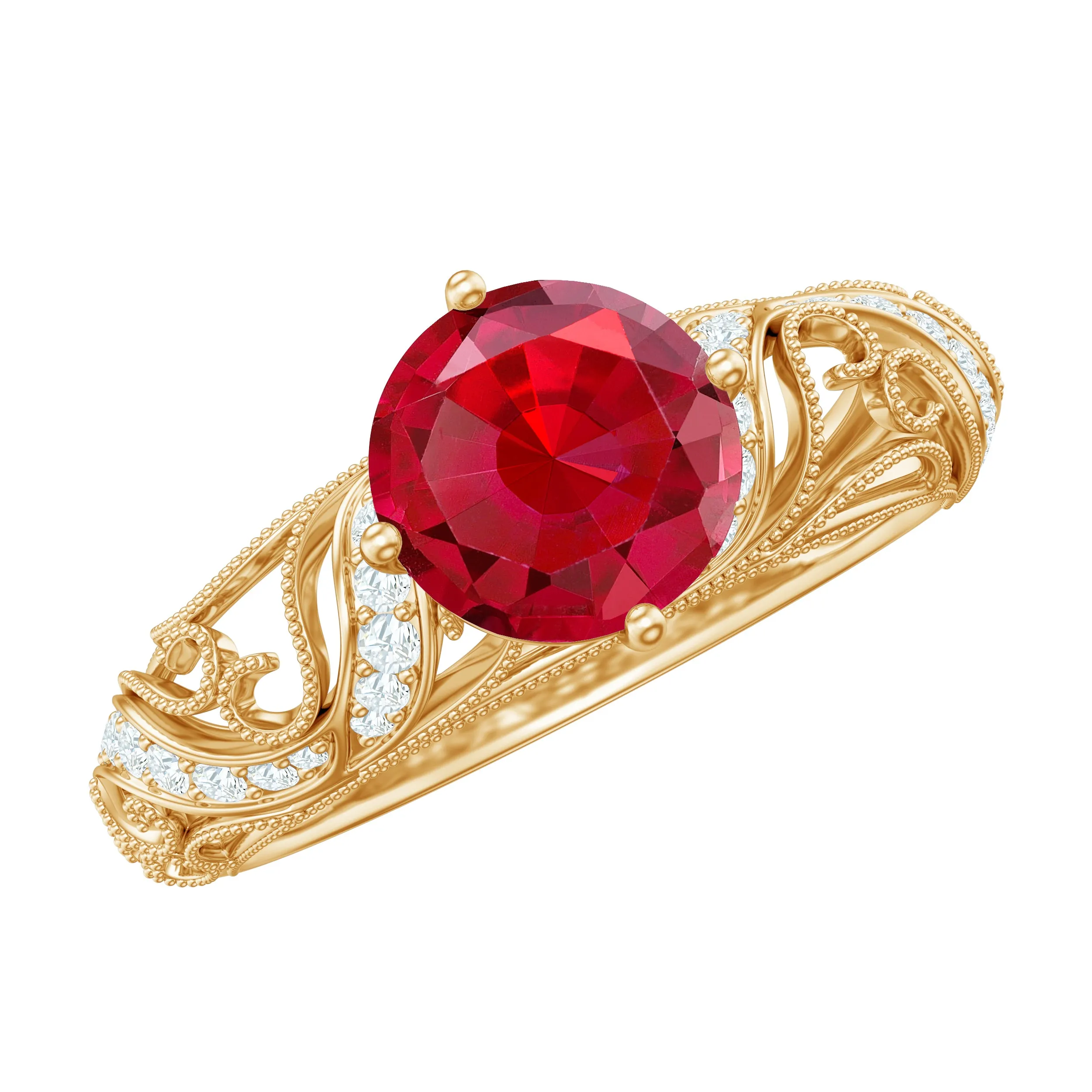 Round Created Ruby Vintage Inspired Engagement Ring with Diamond