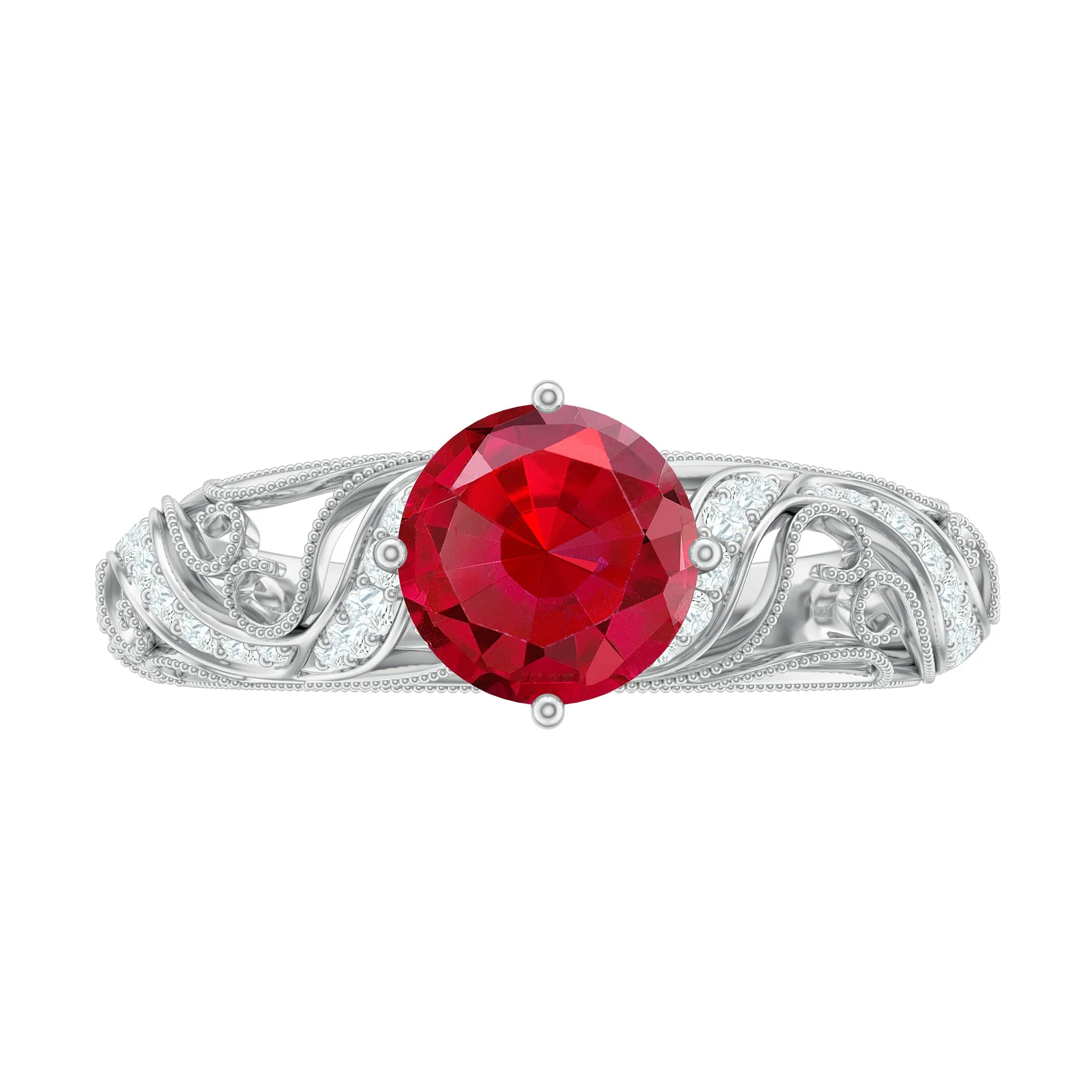 Round Created Ruby Vintage Inspired Engagement Ring with Diamond