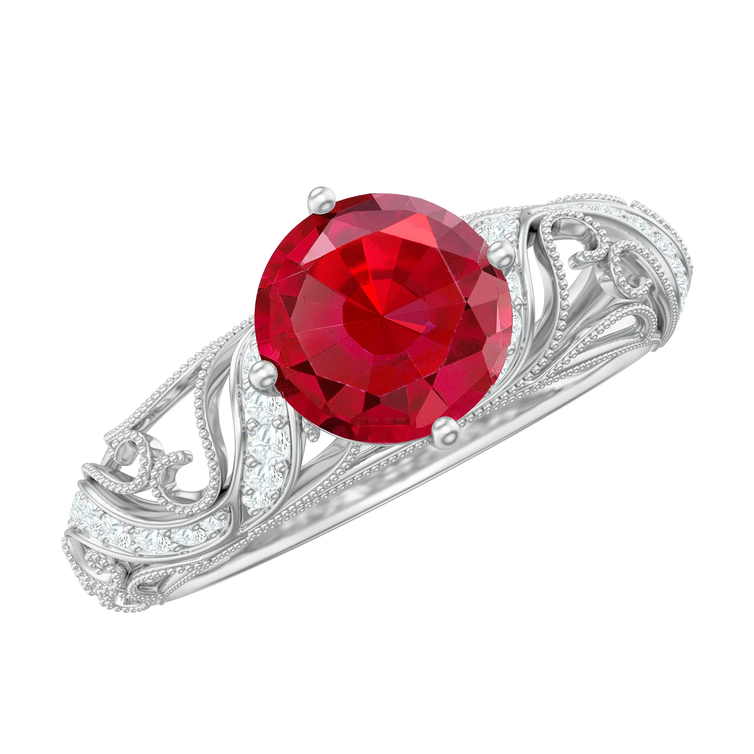 Round Created Ruby Vintage Inspired Engagement Ring with Diamond