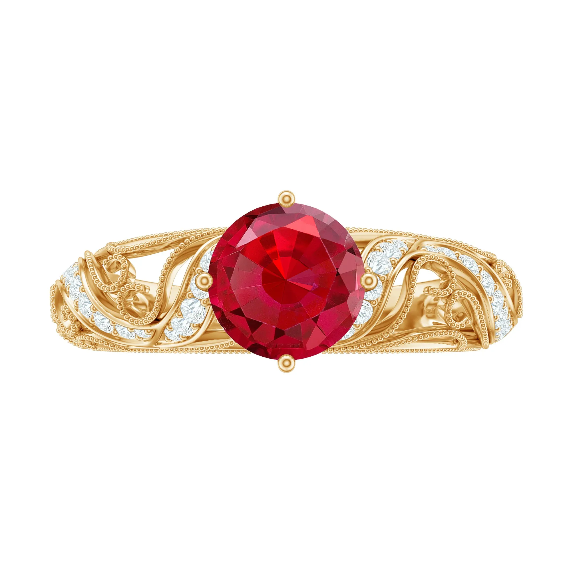 Round Created Ruby Vintage Inspired Engagement Ring with Diamond