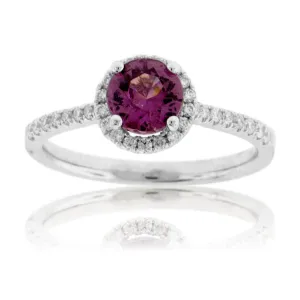 Round Garnet & Diamond Halo & Diamond Lined Shank Ring