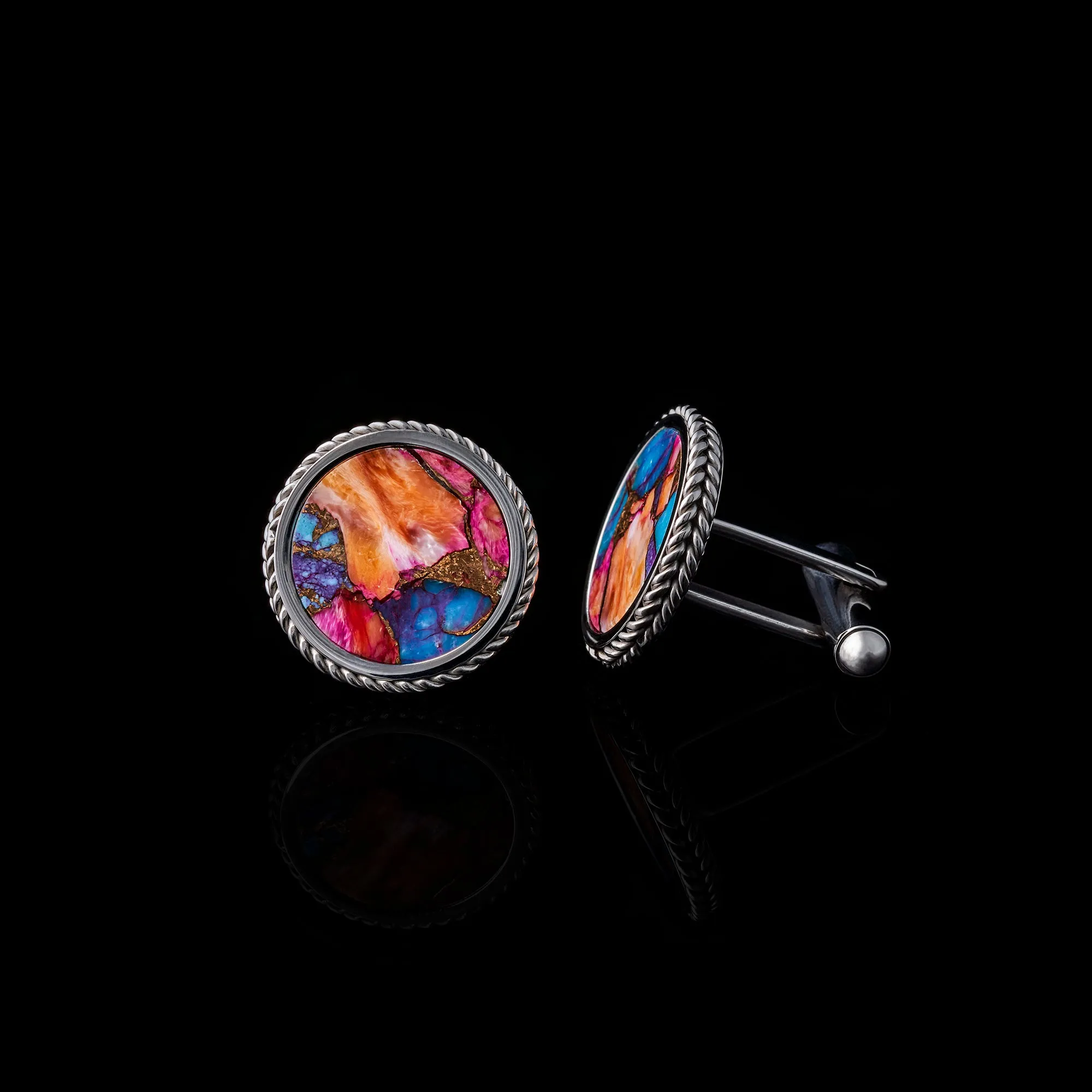 Silver Purple & Orange Copper Turquoise Leaf Cufflinks