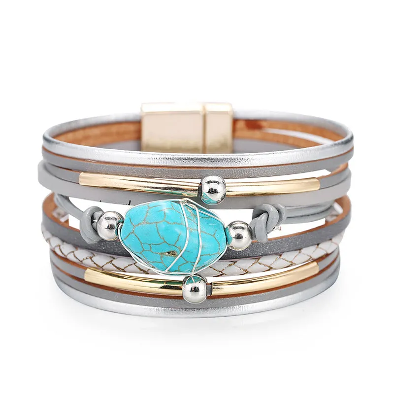 Sisslia Bohemian Multi Layer Leather Turquoise Beaded Cuff Bracelet Jewelry Leather Wrap Bracelet For Women