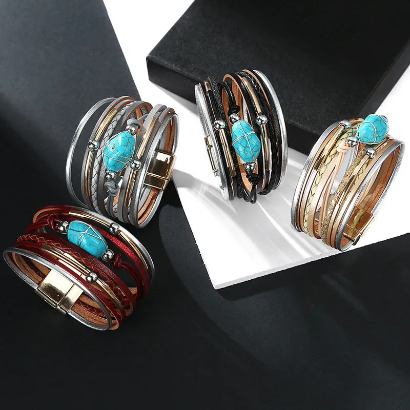 Sisslia Bohemian Multi Layer Leather Turquoise Beaded Cuff Bracelet Jewelry Leather Wrap Bracelet For Women