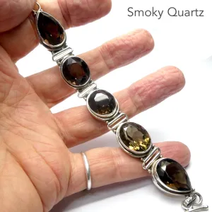 Smoky Quartz Bracelet with Large Faceted Gemstones, 925 Silver