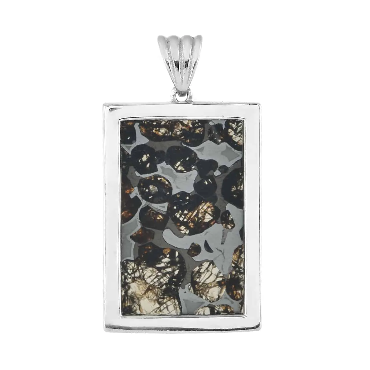 Starborn Sericho Pallasite Meteorite (Peridot Inclusions) Rectangular Pendant Sterling Silver