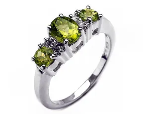 Sterling Silver Peridot Ring 1.55 Carat Oval 2 Round Cut Peridot 4 White Topaz Stone Ring  Size 7 1/2