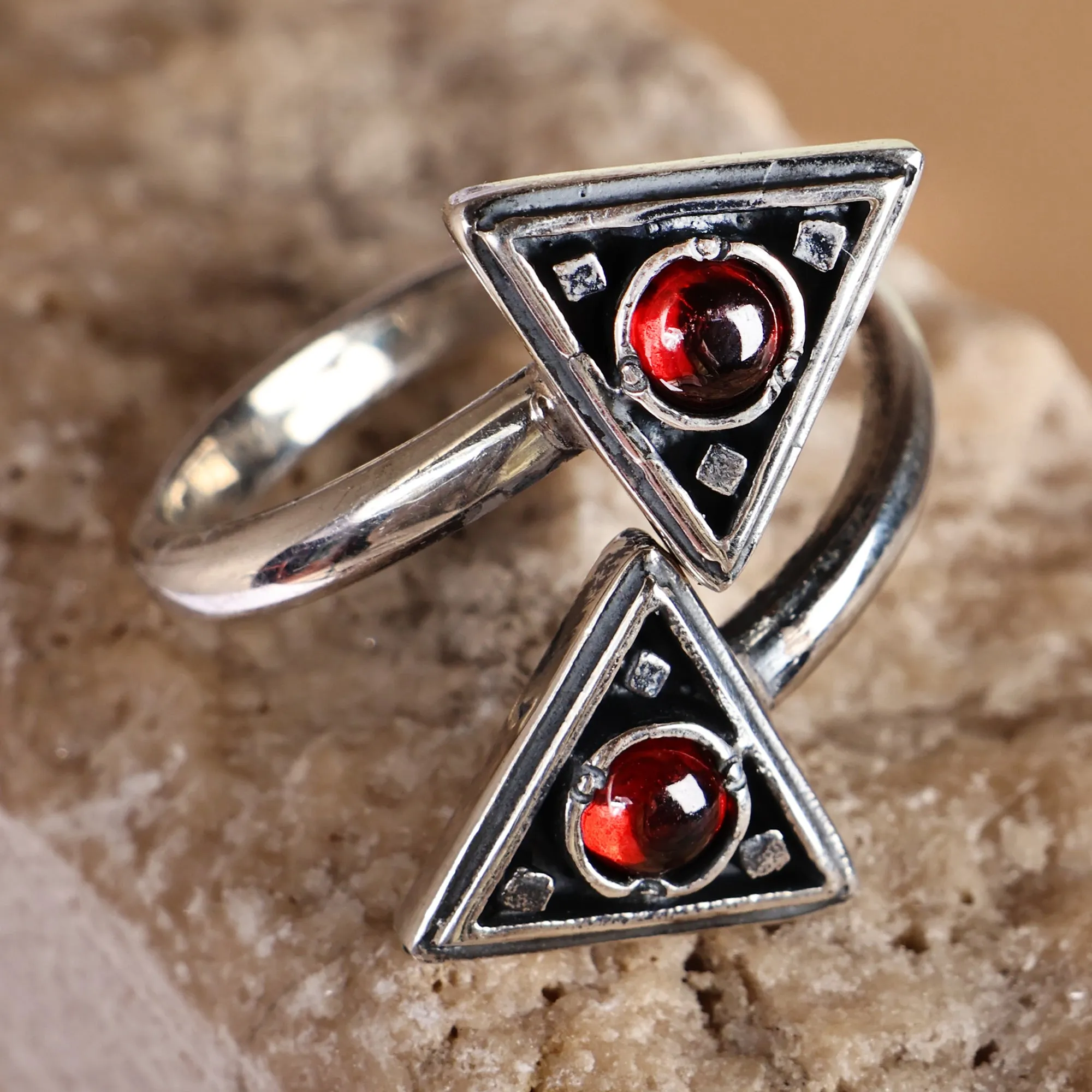 Triangle-Themed Natural Garnet Sterling Silver Wrap Ring - Crimson Connection | NOVICA