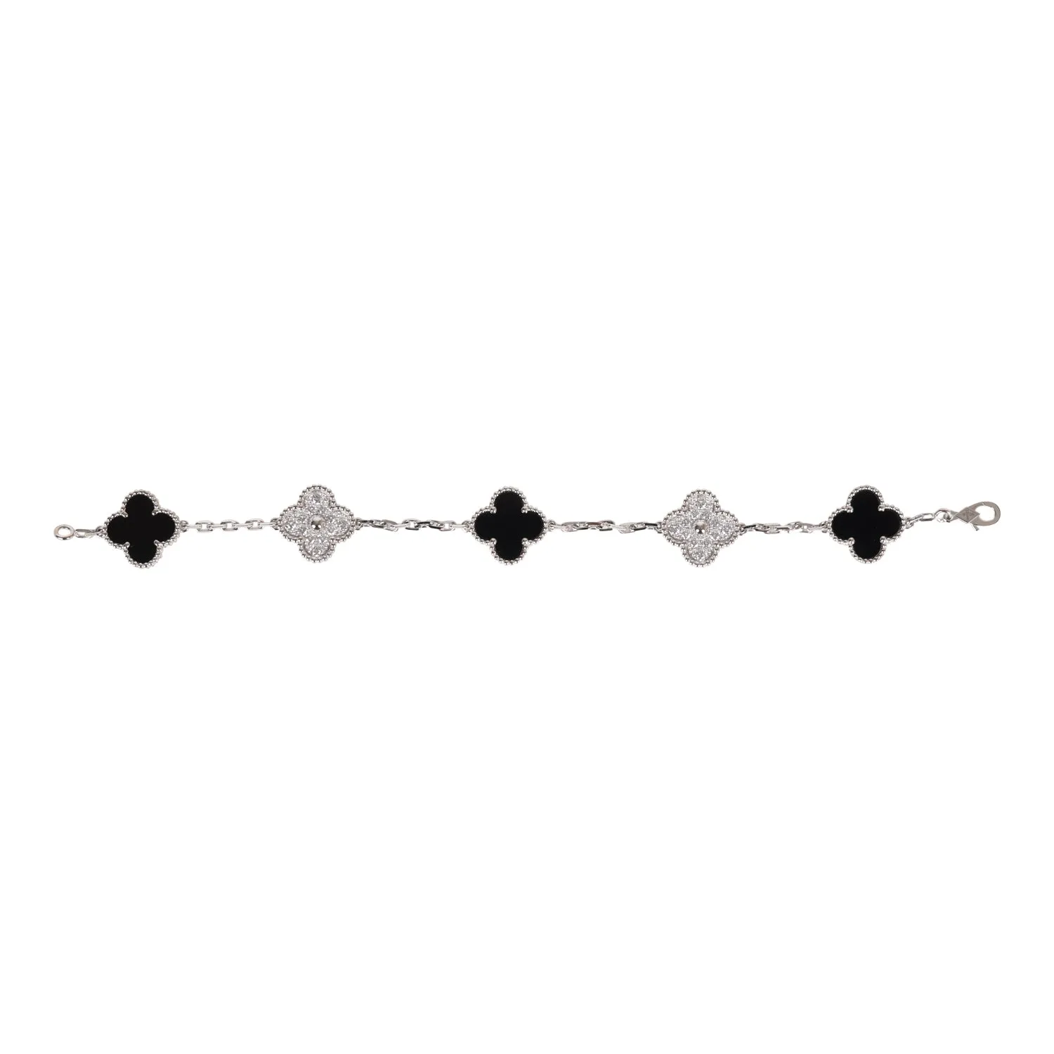 Van Cleef & Arpels Vintage Alhambra 5 Motif Bracelet Onyx 18K White Gold & Diamonds