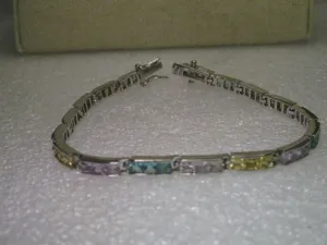 Vintage but Current Sterling Silver Tennis Bracelet, Pastel & Clear Stones, 7.75", signed F.A.S.