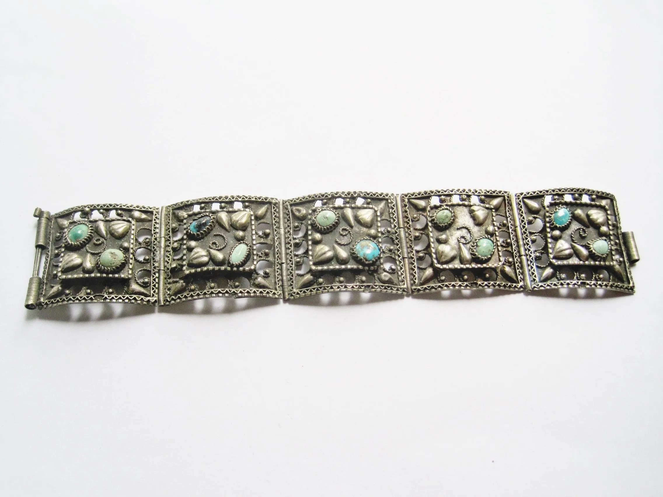 Vintage Egyptian Panel Bracelet made with 800 Silver and Turquoise