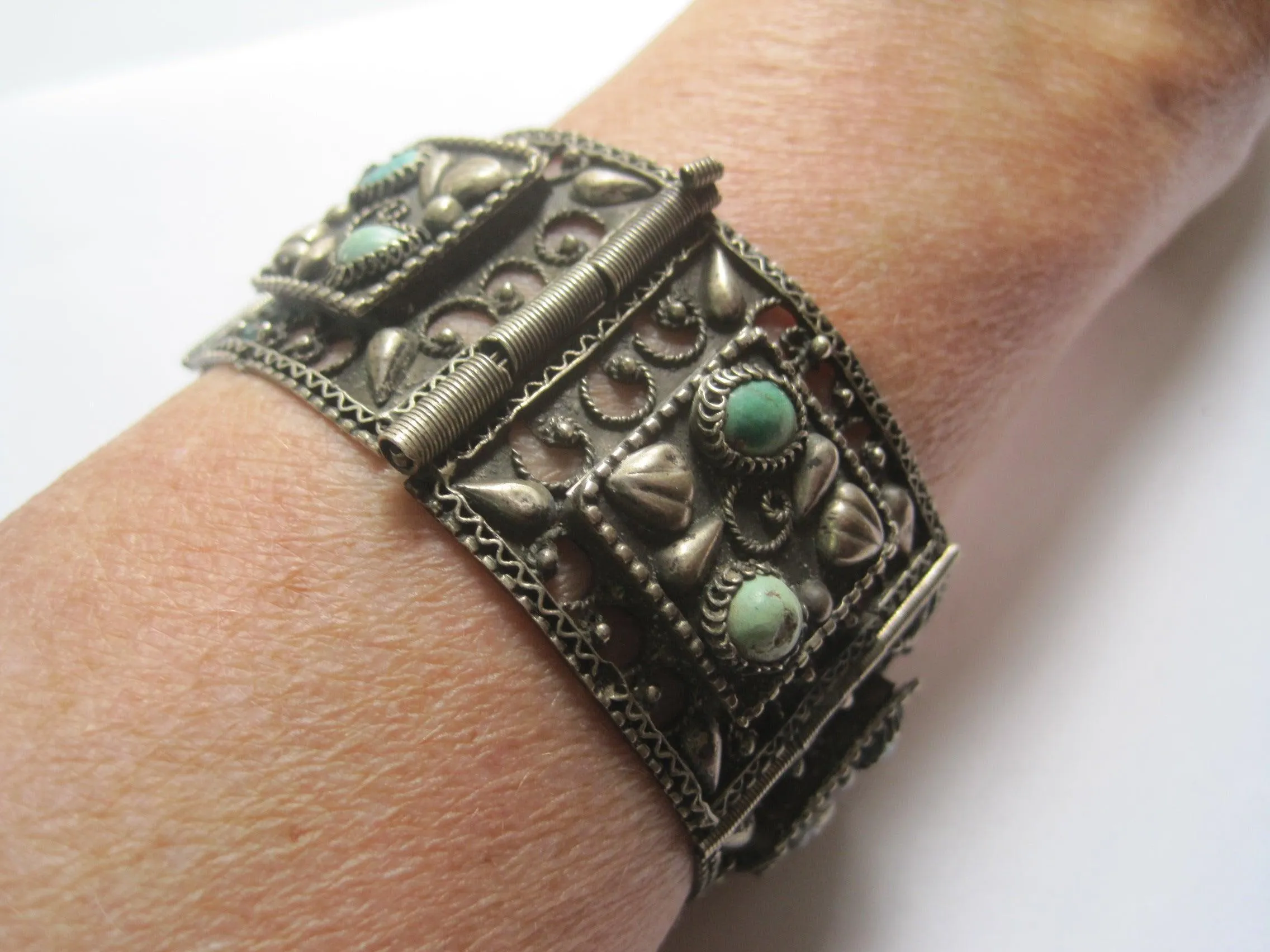 Vintage Egyptian Panel Bracelet made with 800 Silver and Turquoise