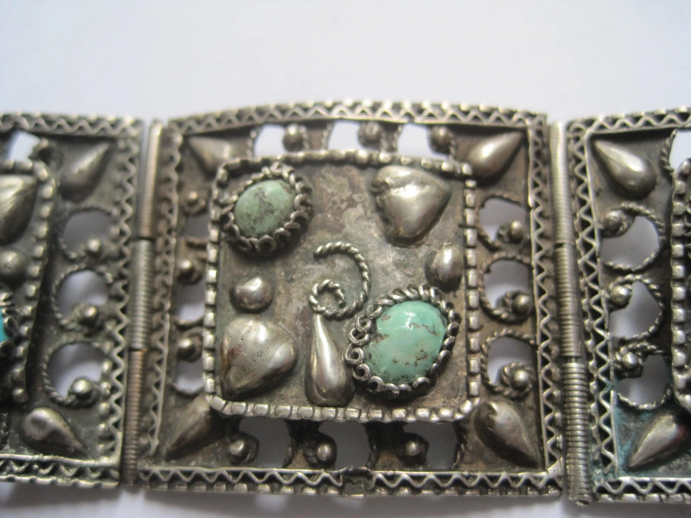 Vintage Egyptian Panel Bracelet made with 800 Silver and Turquoise