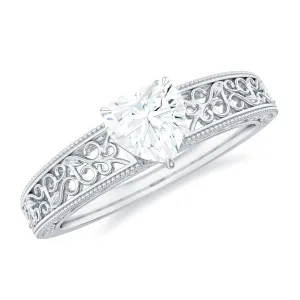 Vintage Inspired Heart Shape Lab Grown Diamond Solitaire Filigree Ring