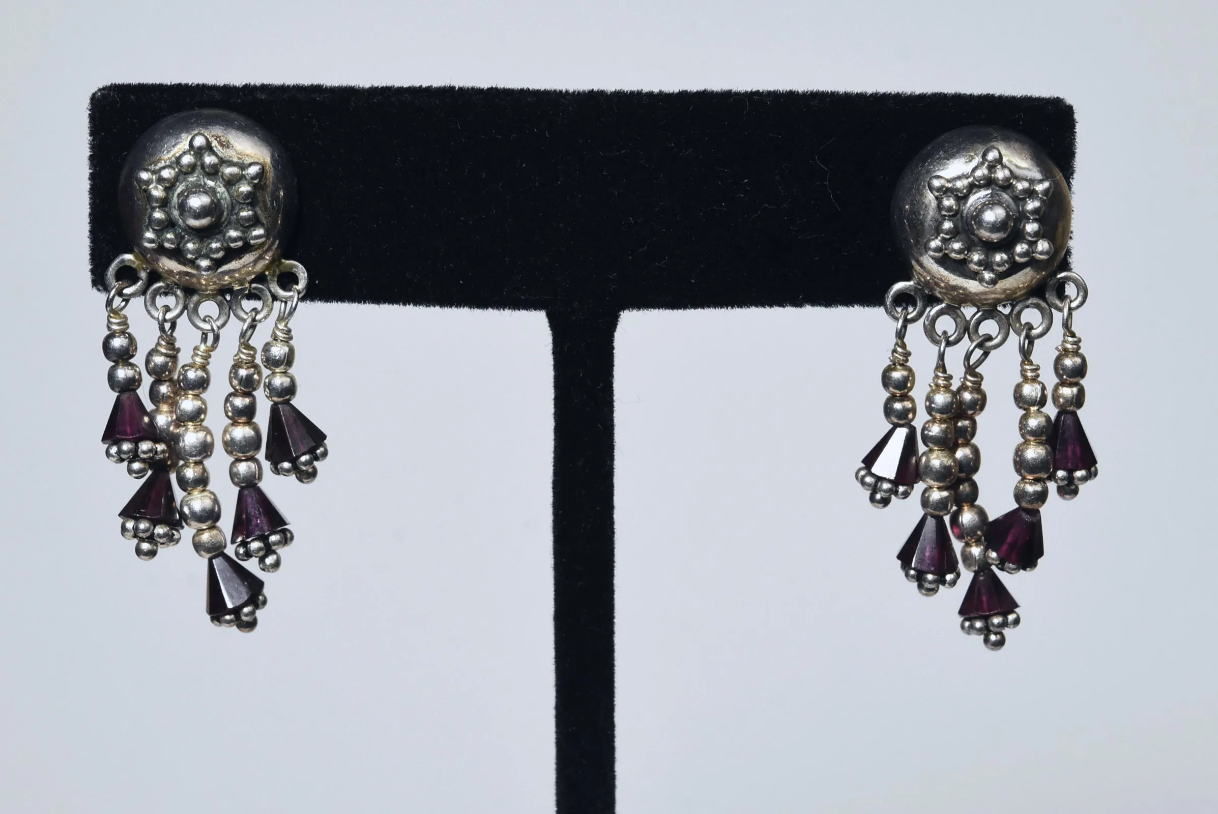 Vintage Sterling Silver Red Garnet Dangle Indian Stud Earrings