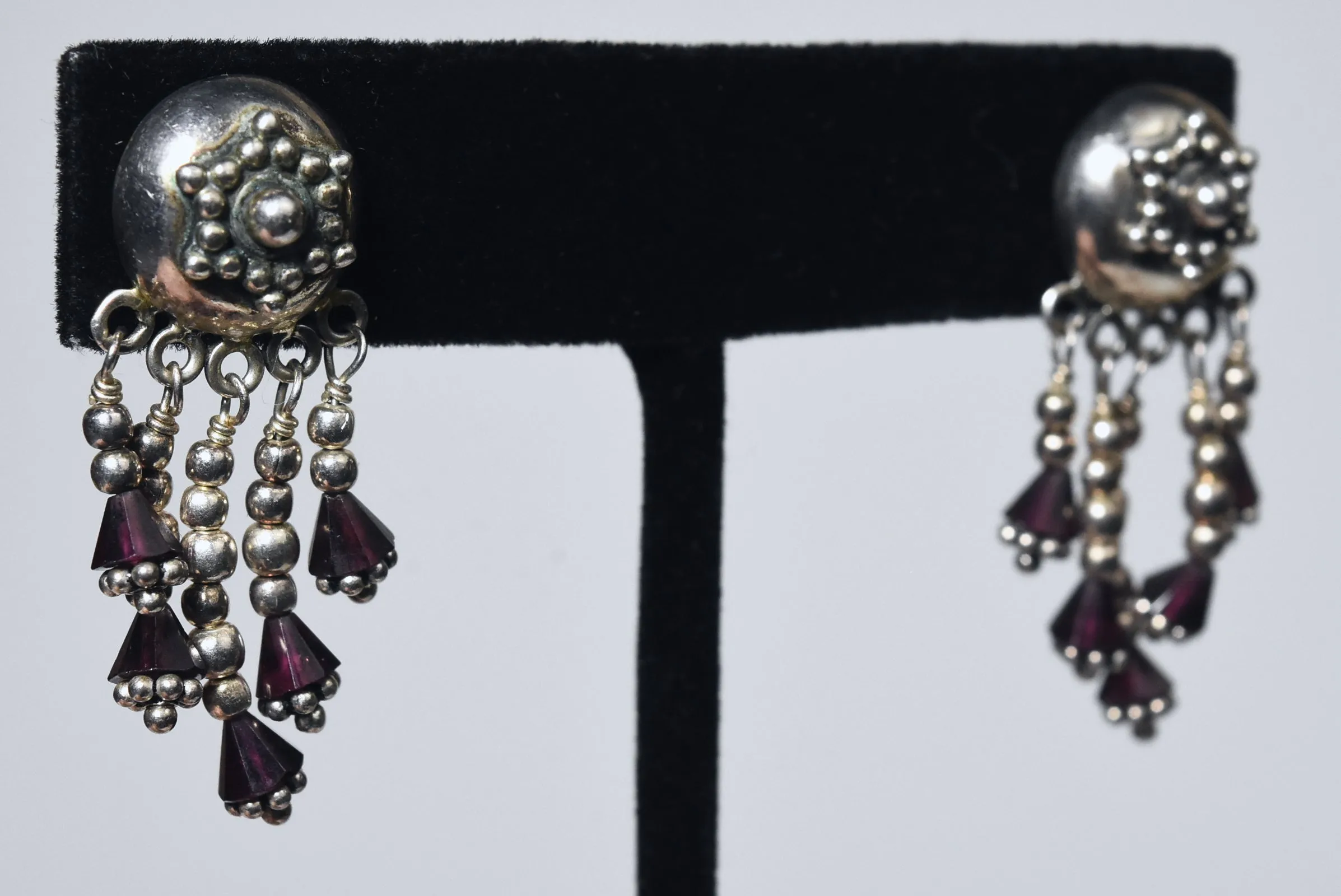 Vintage Sterling Silver Red Garnet Dangle Indian Stud Earrings