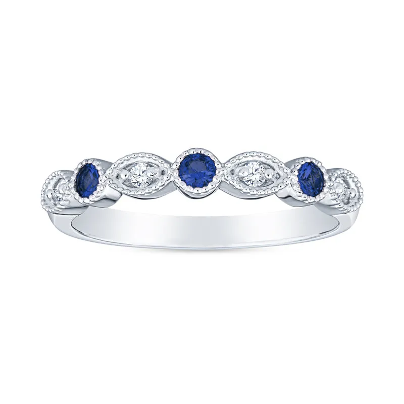 Vintage Style Faux Marquis Milgrain Stackable Sapphire and Diamond Band