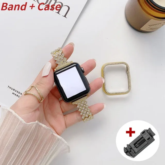 Woman Metal Premium Steel for Apple Watch band case Series 6 5 4 Luxury Diamond Bracelet iWatch 38mm 40mm 41mm 42mm 44mm 45mm Wristband