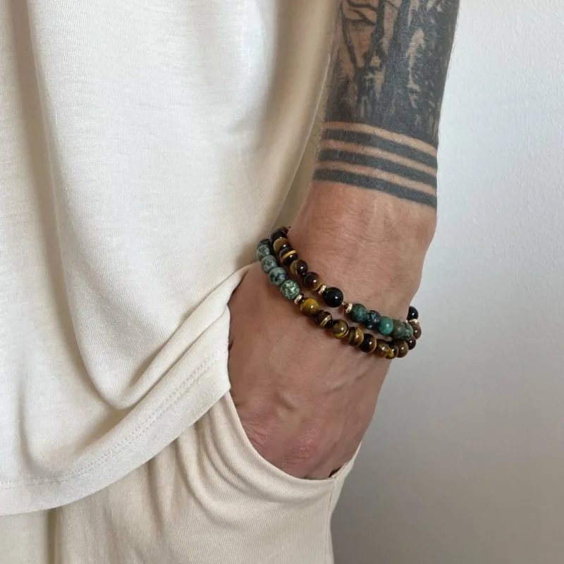 Xander Kostroma Men's Gold Tone African Turquoise, Tiger's Eye & Black Onyx Double Wrap Bracelet – 43 cm Healing Stone Bracelet for Protection, Balance & Prosperity – Luxury Crystal Jewelry for Men